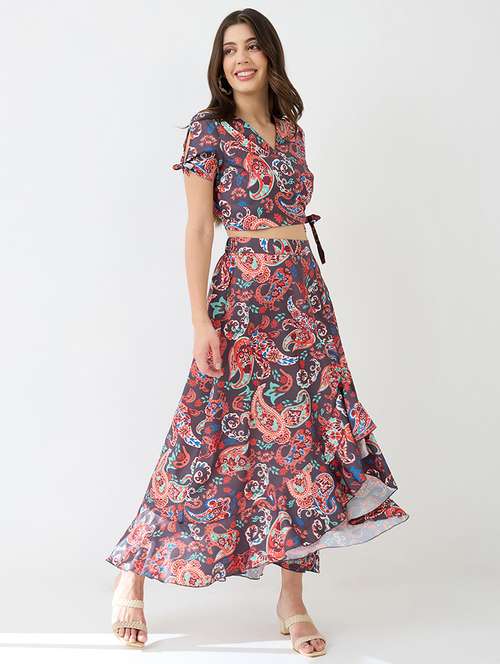 globus women multi wrap neck tie-up short sleeves paisley printed crop top & high-rise ruffled maxi skirt fusion co-ord set - 21649547 -  Standard Image - 0