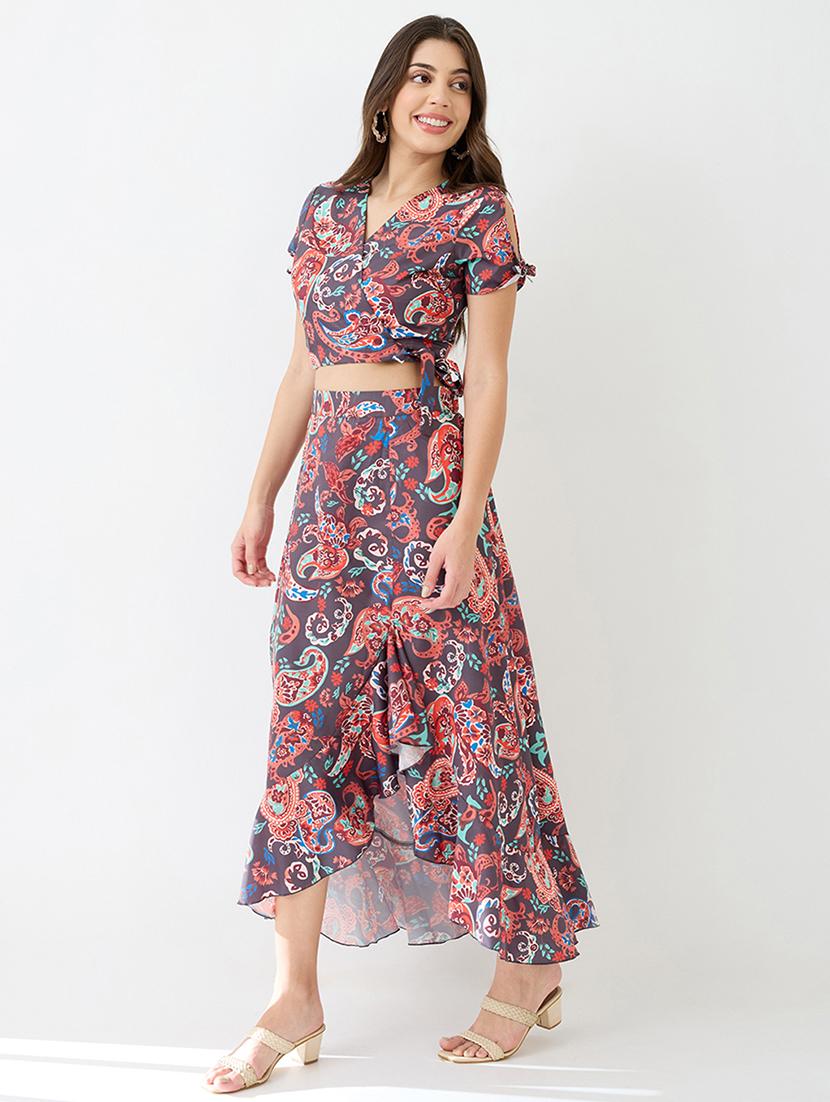 globus women multi wrap neck tie-up short sleeves paisley printed crop top & high-rise ruffled maxi skirt fusion co-ord set - 21649547 - Standard Image - 1