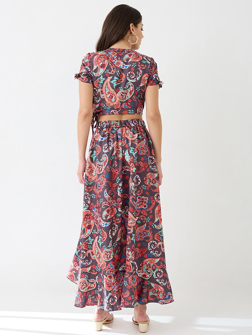 globus women multi wrap neck tie-up short sleeves paisley printed crop top & high-rise ruffled maxi skirt fusion co-ord set - 21649547 - Standard Image - 4