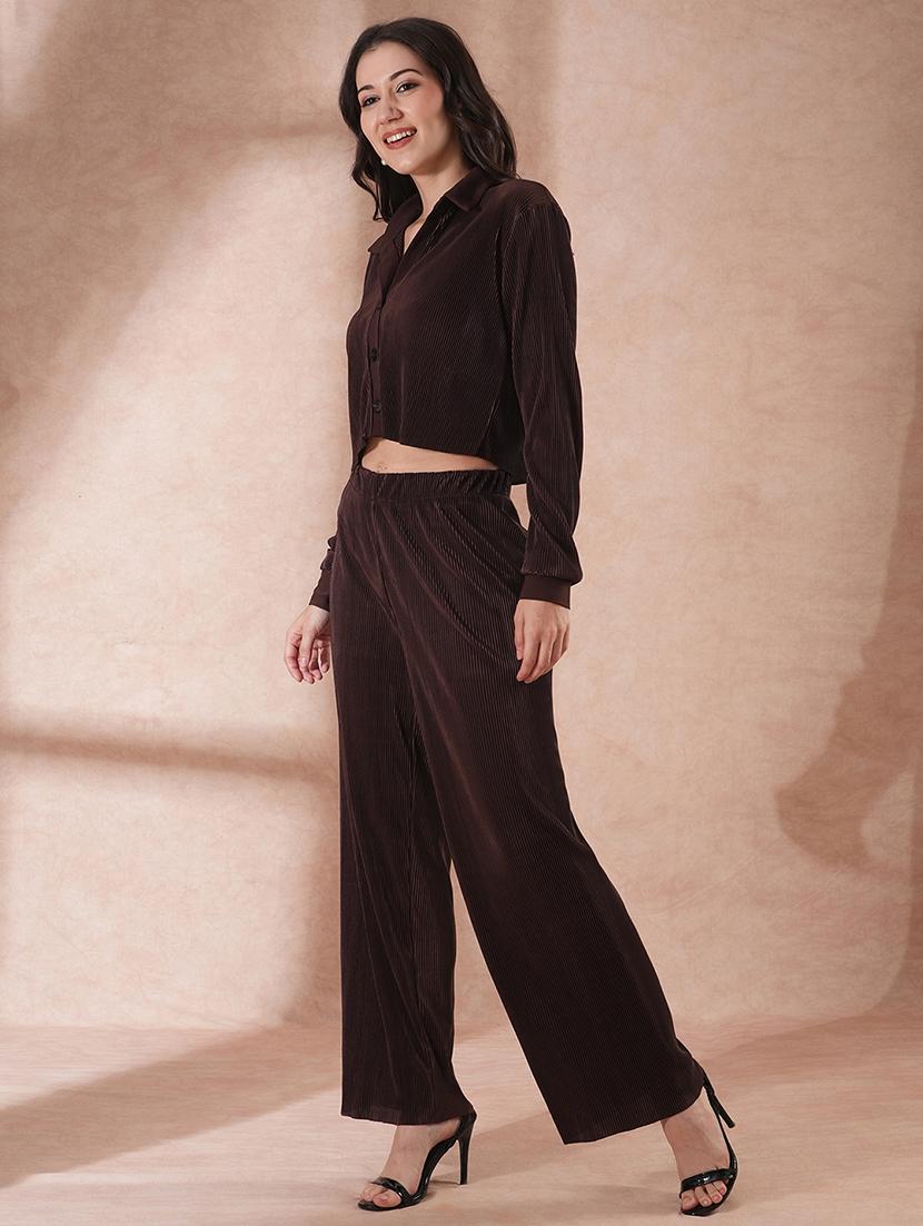 globus women brown self design accordion pleats crop shirt with elasticated waist trousers party wear co-ord set - 21649549 -  Standard Image - 1