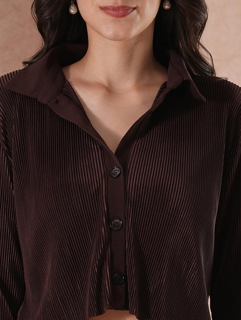 globus women brown self design accordion pleats crop shirt with elasticated waist trousers party wear co-ord set - 21649549 - Standard Image - 4