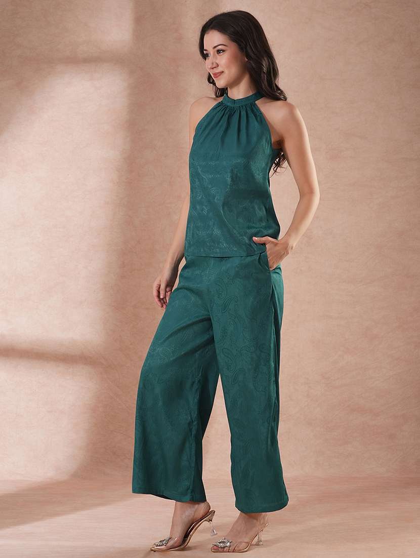 globus women green self design paisley print halter neck top with partial elasticated ankle length trousers party co-ord set - 21649551 -  Standard Image - 1