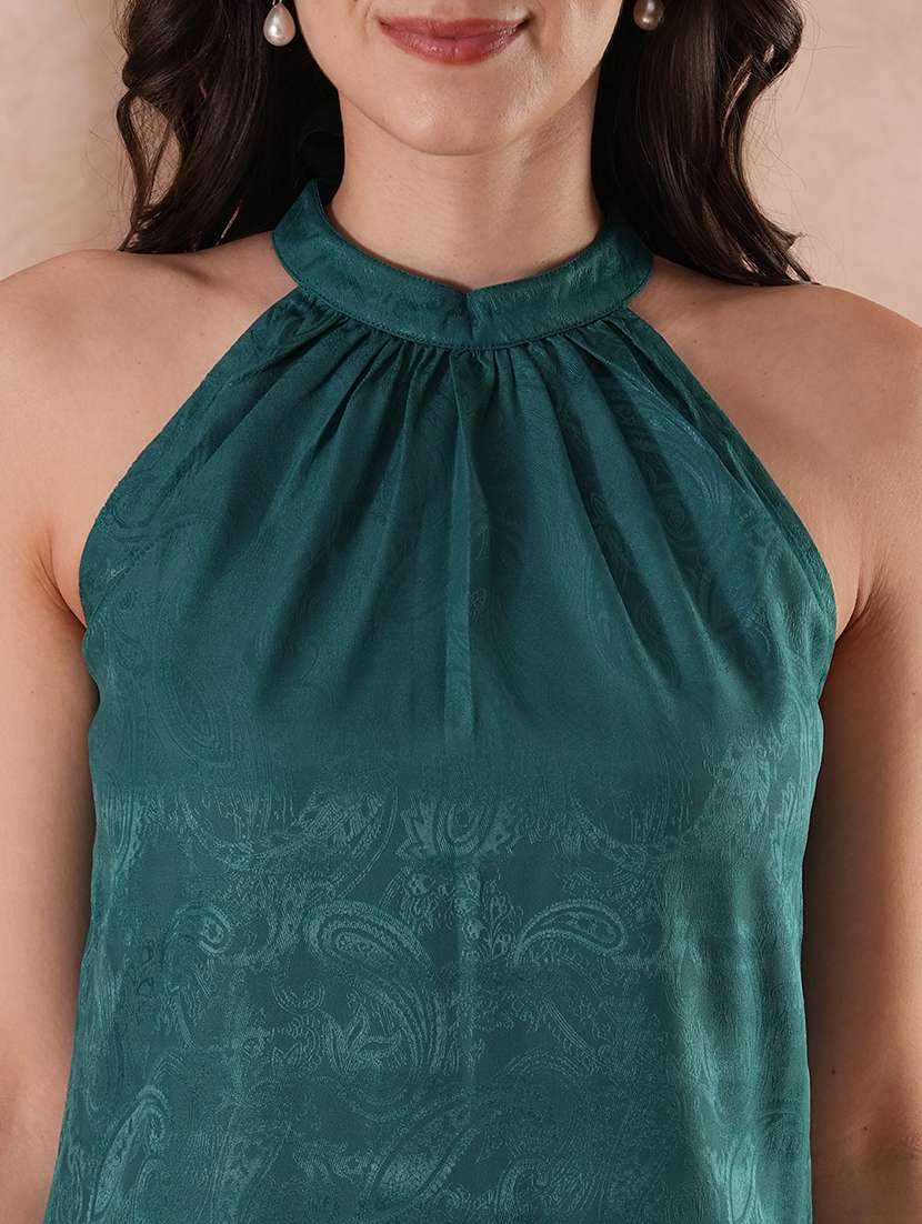 globus women green self design paisley print halter neck top with partial elasticated ankle length trousers party co-ord set - 21649551 -  Standard Image - 4