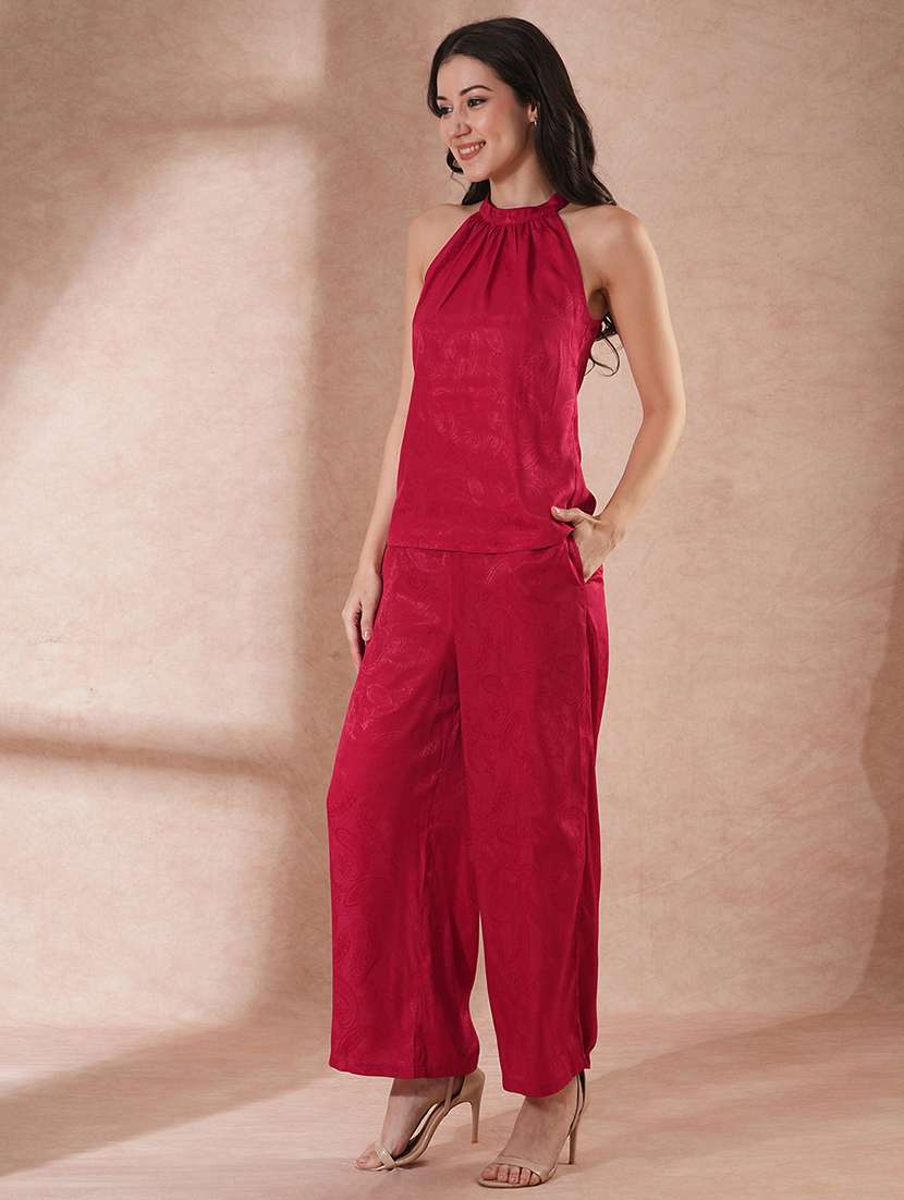 globus women maroon self design paisley print halter neck top with partial elasticated ankle length trousers party co-ord set - 21649552 -  Standard Image - 1