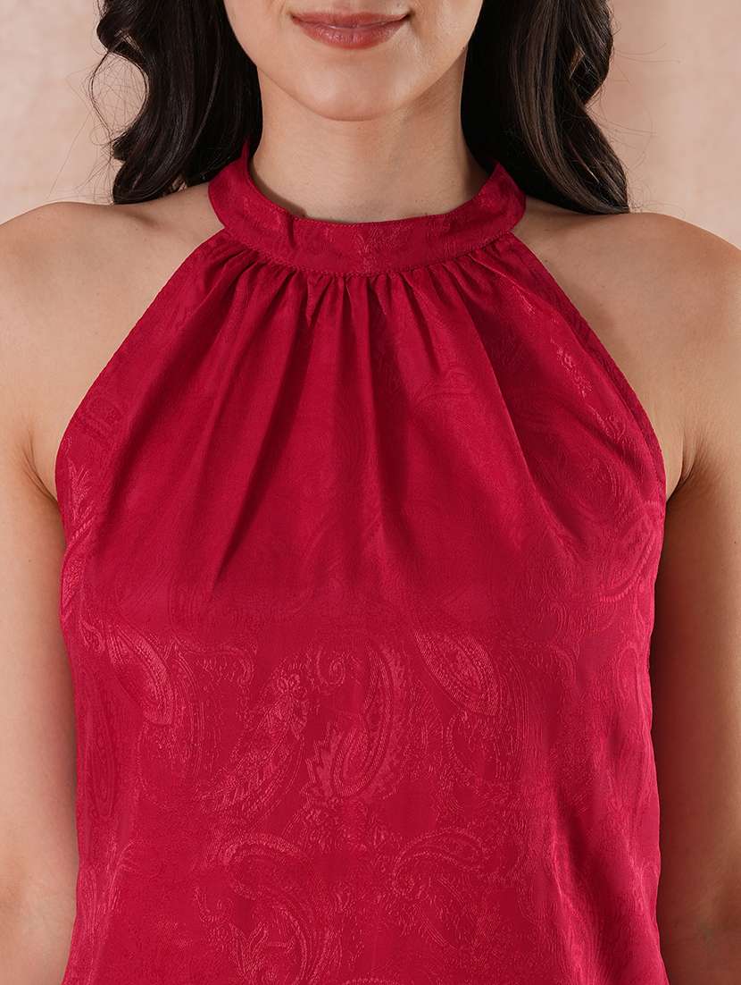 globus women maroon self design paisley print halter neck top with partial elasticated ankle length trousers party co-ord set - 21649552 -  Standard Image - 4