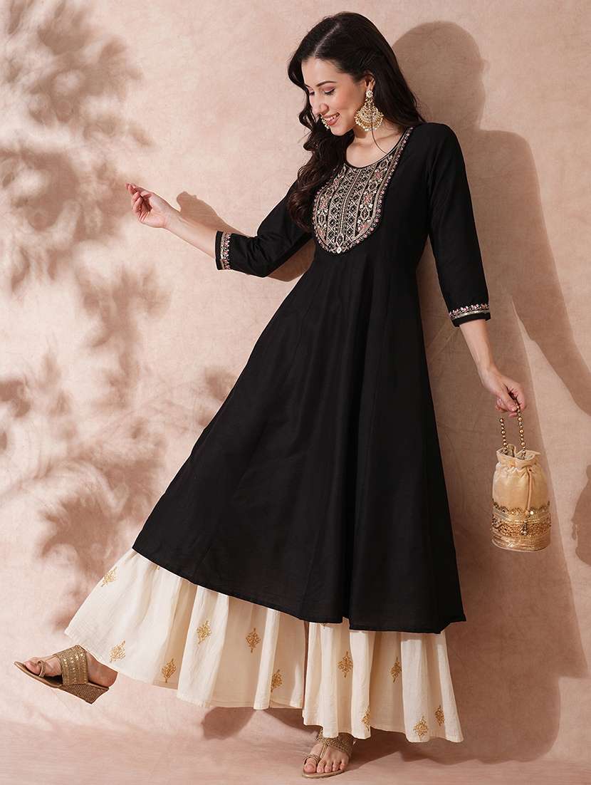 globus women black zari embroidered & gold sequinned yoke panelled festive anarkali kurta