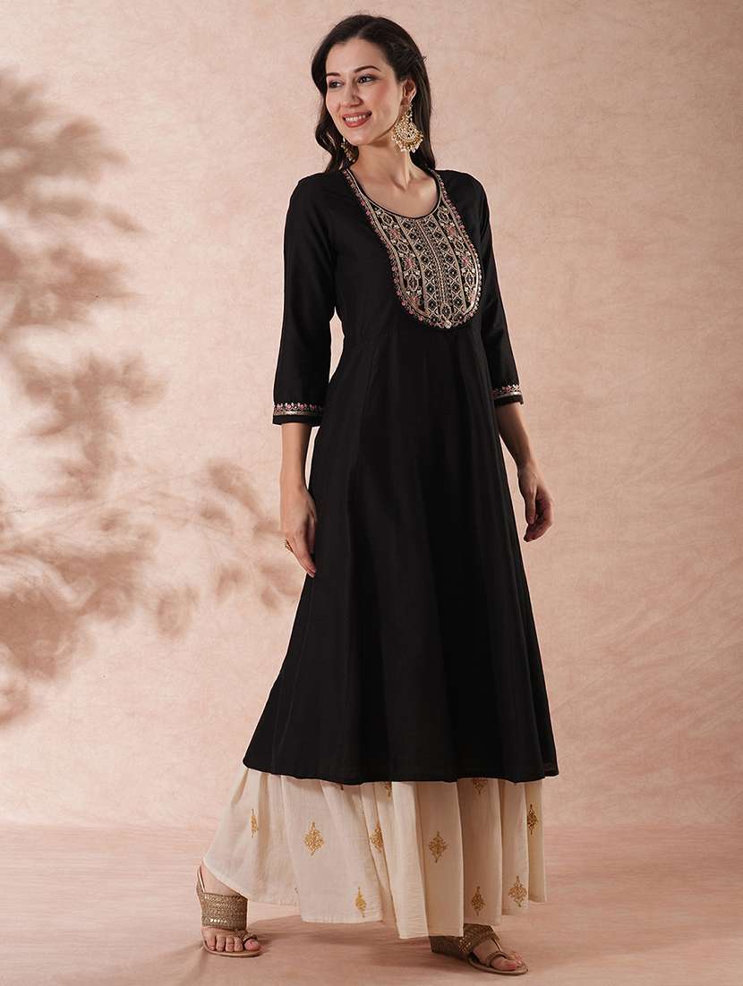 globus women black zari embroidered & gold sequinned yoke panelled festive anarkali kurta - 21649553 - Standard Image - 1