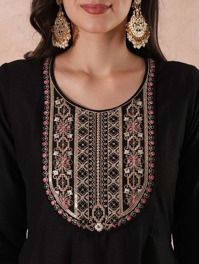globus women black zari embroidered & gold sequinned yoke panelled festive anarkali kurta - 21649553 - Standard Image - 4