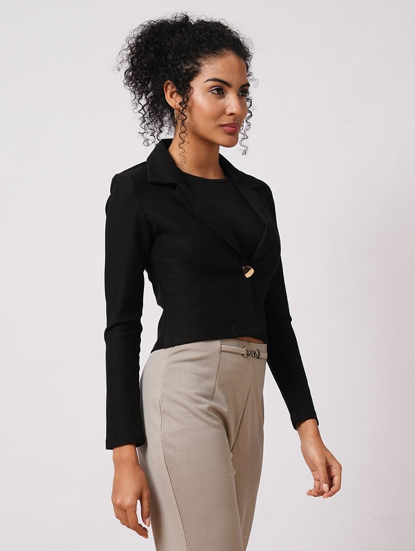 globus women black lapel collared long sleeves front opening crop work wear blazer - 21649554 -  Standard Image - 1