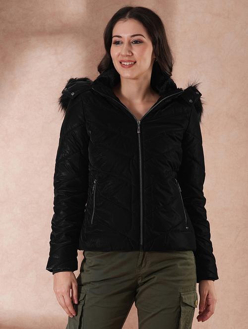 globus women black mock neck front zip winter wear insulator puffer jacket with detachable faux fur hood - 21649555 - Standard Image - 0