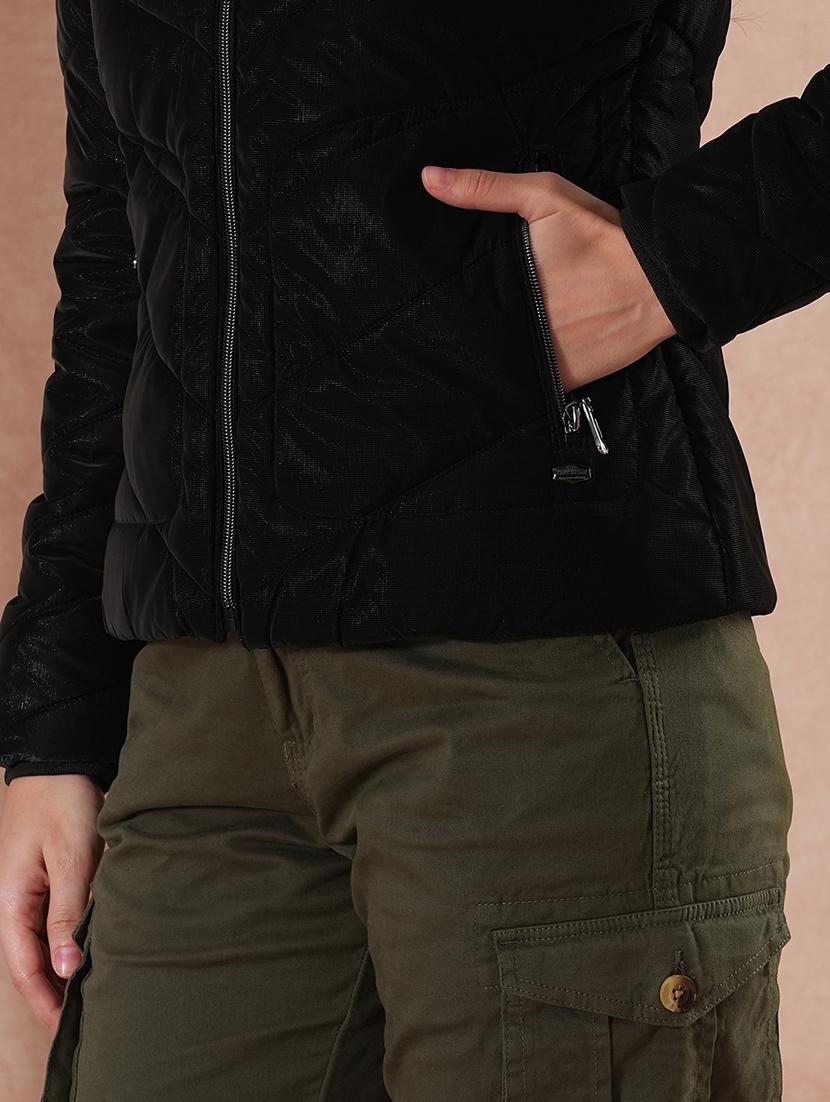 globus women black mock neck front zip winter wear insulator puffer jacket with detachable faux fur hood - 21649555 - Standard Image - 4