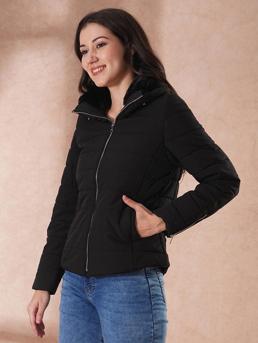 globus women black mock neck full sleeves front zip winter wear insulator puffer jacket with detachable hood  - 21649556 -  Standard Image - 1
