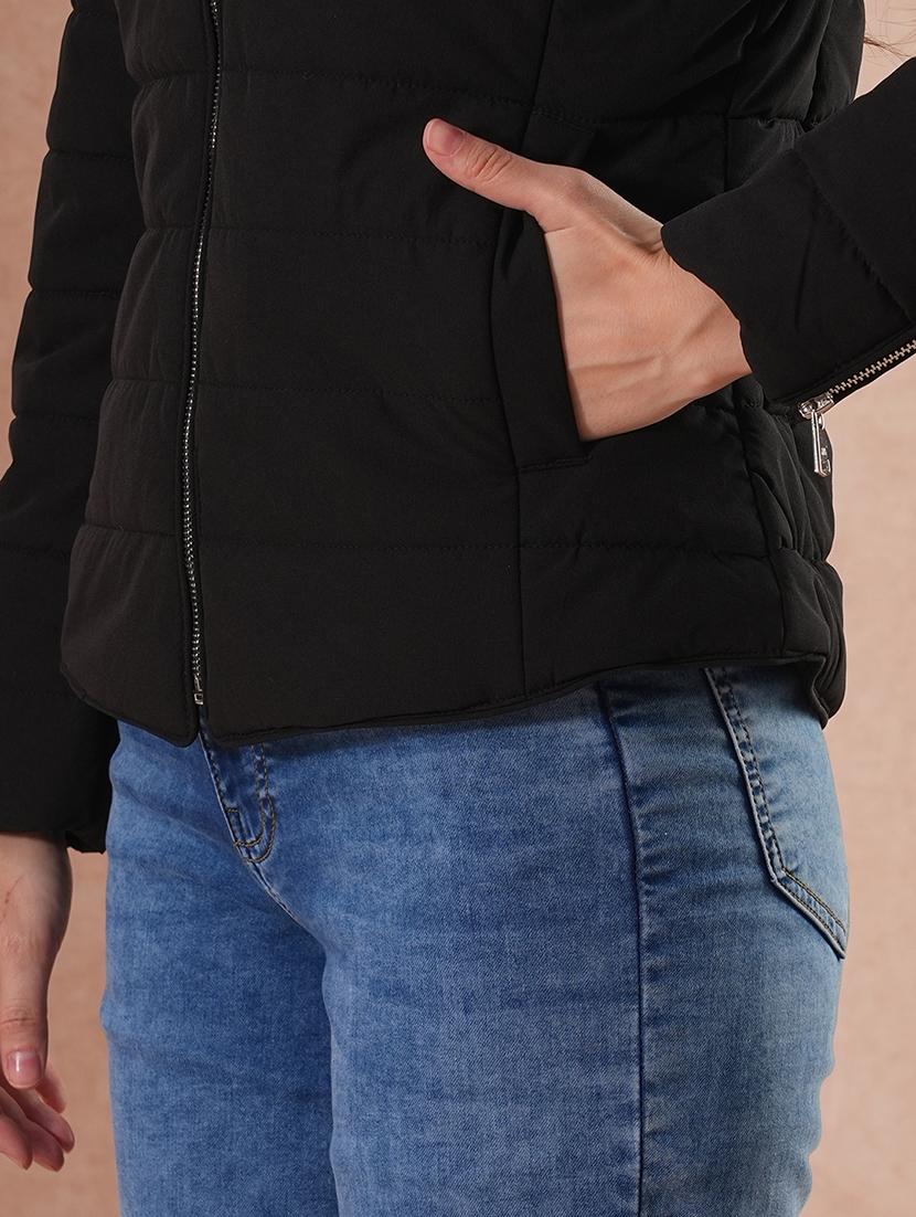 globus women black mock neck full sleeves front zip winter wear insulator puffer jacket with detachable hood - 21649556 - Standard Image - 4