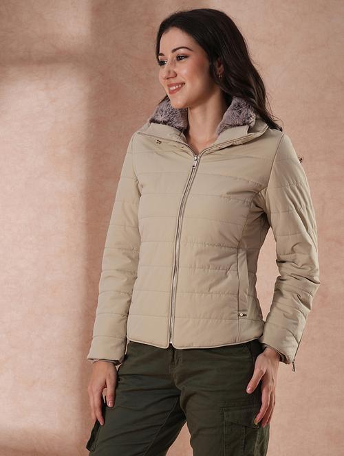globus women beige mock neck full sleeves front zip winter wear insulator puffer jacket with detachable hood - 21649557 - Standard Image - 0