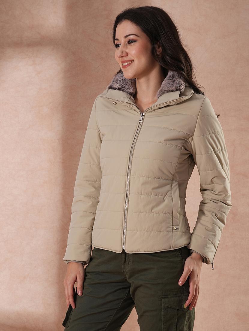 globus women beige mock neck full sleeves front zip winter wear insulator puffer jacket with detachable hood - 21649557 - Zoom Image - 0
