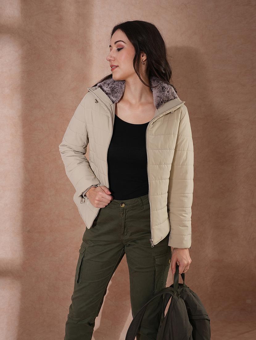 globus women beige mock neck full sleeves front zip winter wear insulator puffer jacket with detachable hood  - 21649557 -  Standard Image - 1