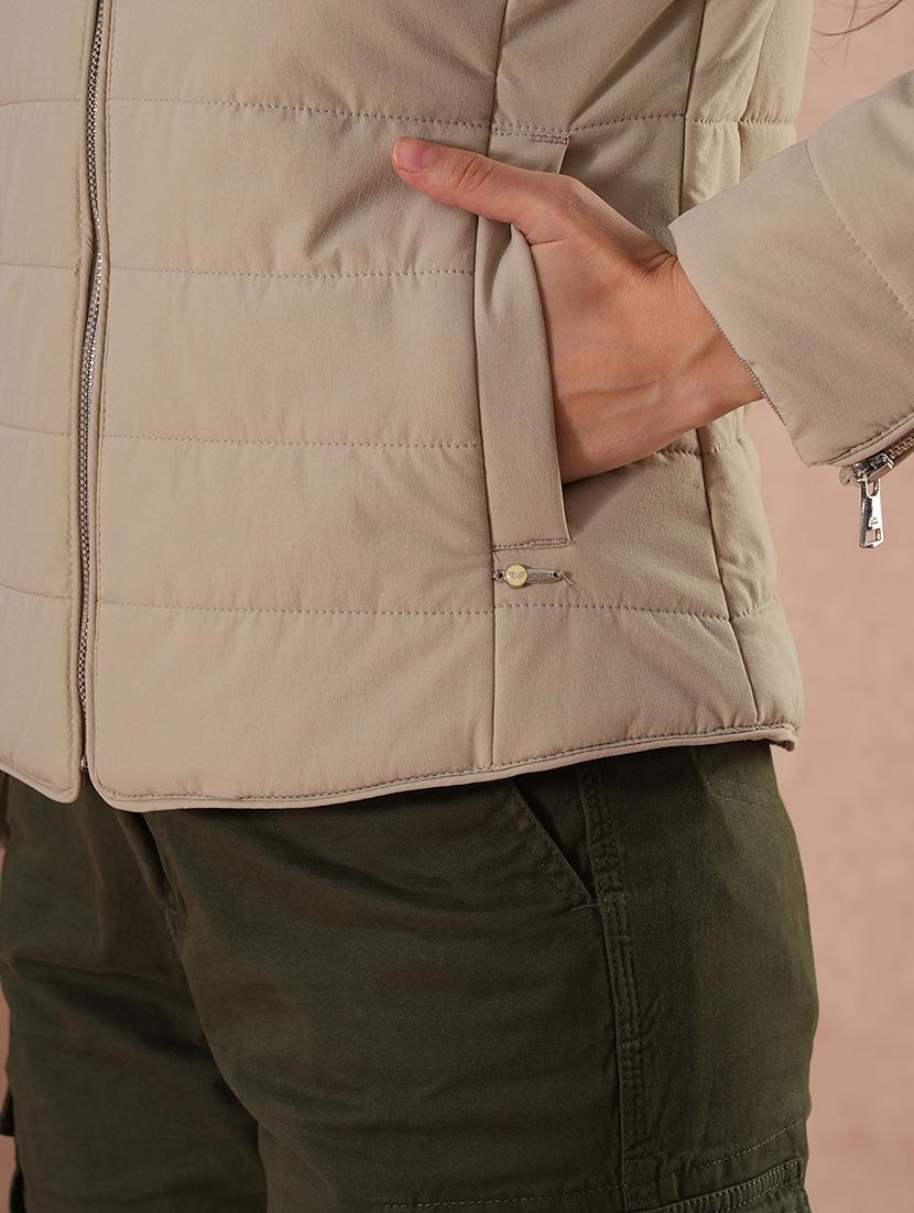 globus women beige mock neck full sleeves front zip winter wear insulator puffer jacket with detachable hood - 21649557 - Standard Image - 4