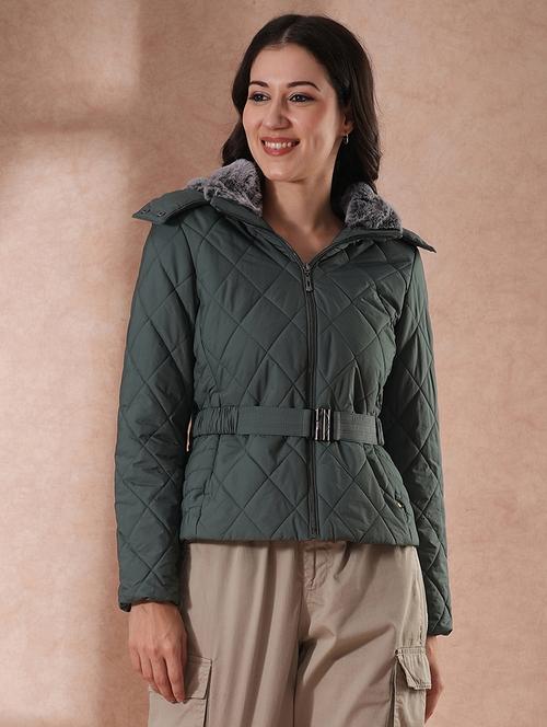 globus women sea green mock neck front zip belted winter wear insulator puffer jacket with detachable soft functional hood - 21649558 -  Standard Image - 0