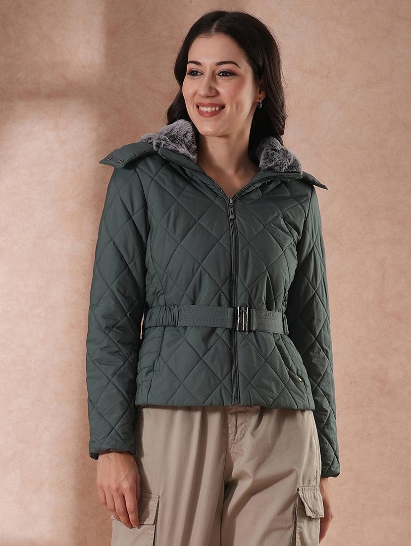 globus women sea green mock neck front zip belted winter wear insulator puffer jacket with detachable soft functional hood - 21649558 -  Zoom Image - 0