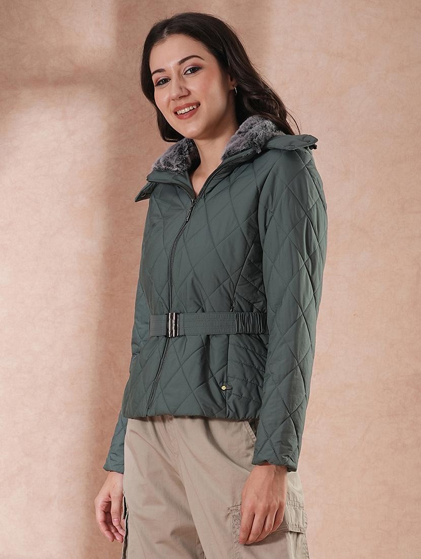globus women sea green mock neck front zip belted winter wear insulator puffer jacket with detachable soft functional hood - 21649558 -  Standard Image - 1