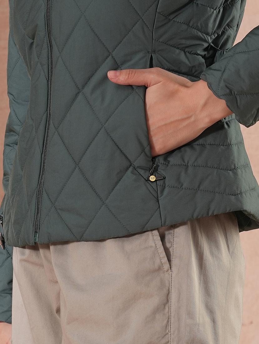 globus women sea green mock neck front zip belted winter wear insulator puffer jacket with detachable soft functional hood - 21649558 - Standard Image - 4