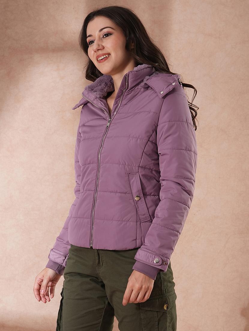 globus women lavender mock neck front zip winter wear insulator puffer jacket with detachable soft functional hood - 21649559 - Standard Image - 1