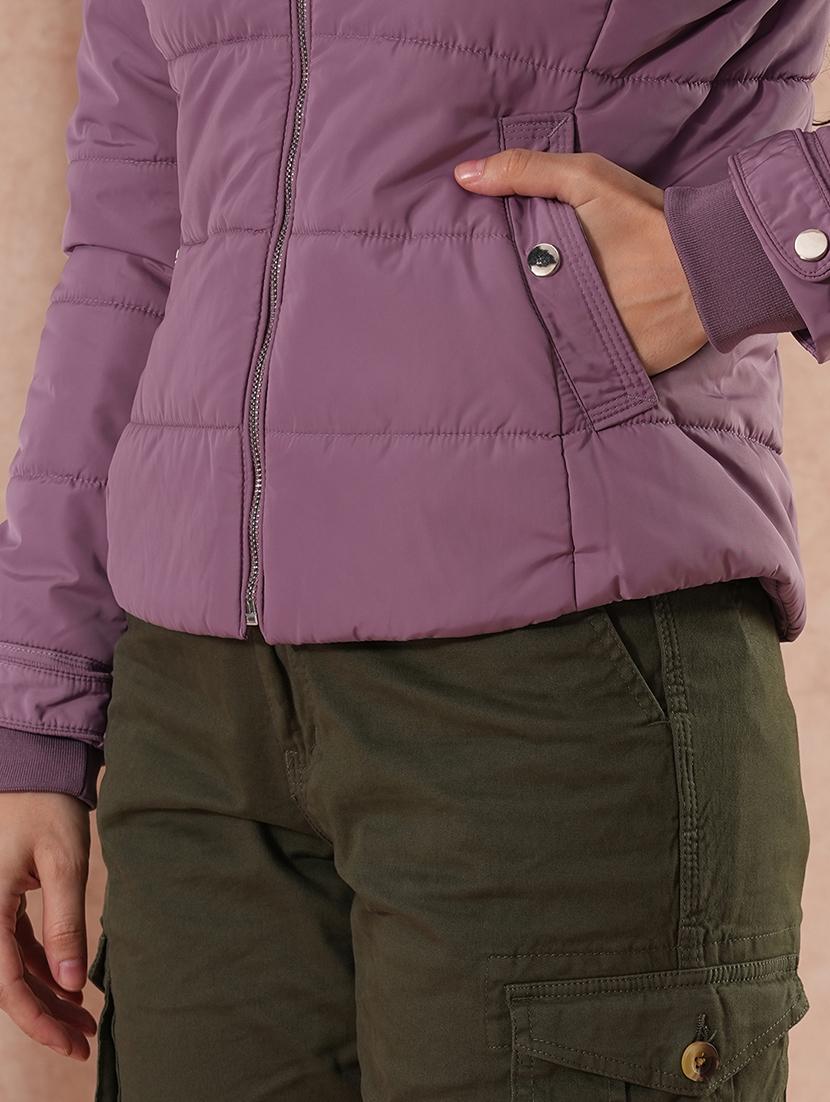 globus women lavender mock neck front zip winter wear insulator puffer jacket with detachable soft functional hood - 21649559 - Standard Image - 4