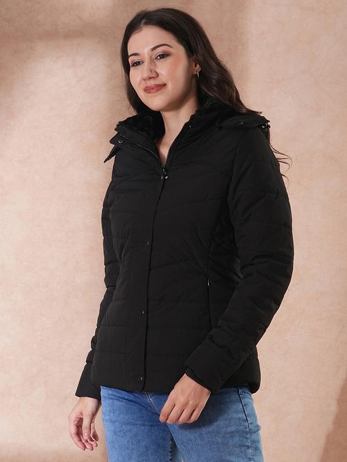 globus women black mock neck button & zip closure winter wear insulator puffer jacket with detachable soft functional hood - 21649560 - Standard Image - 0