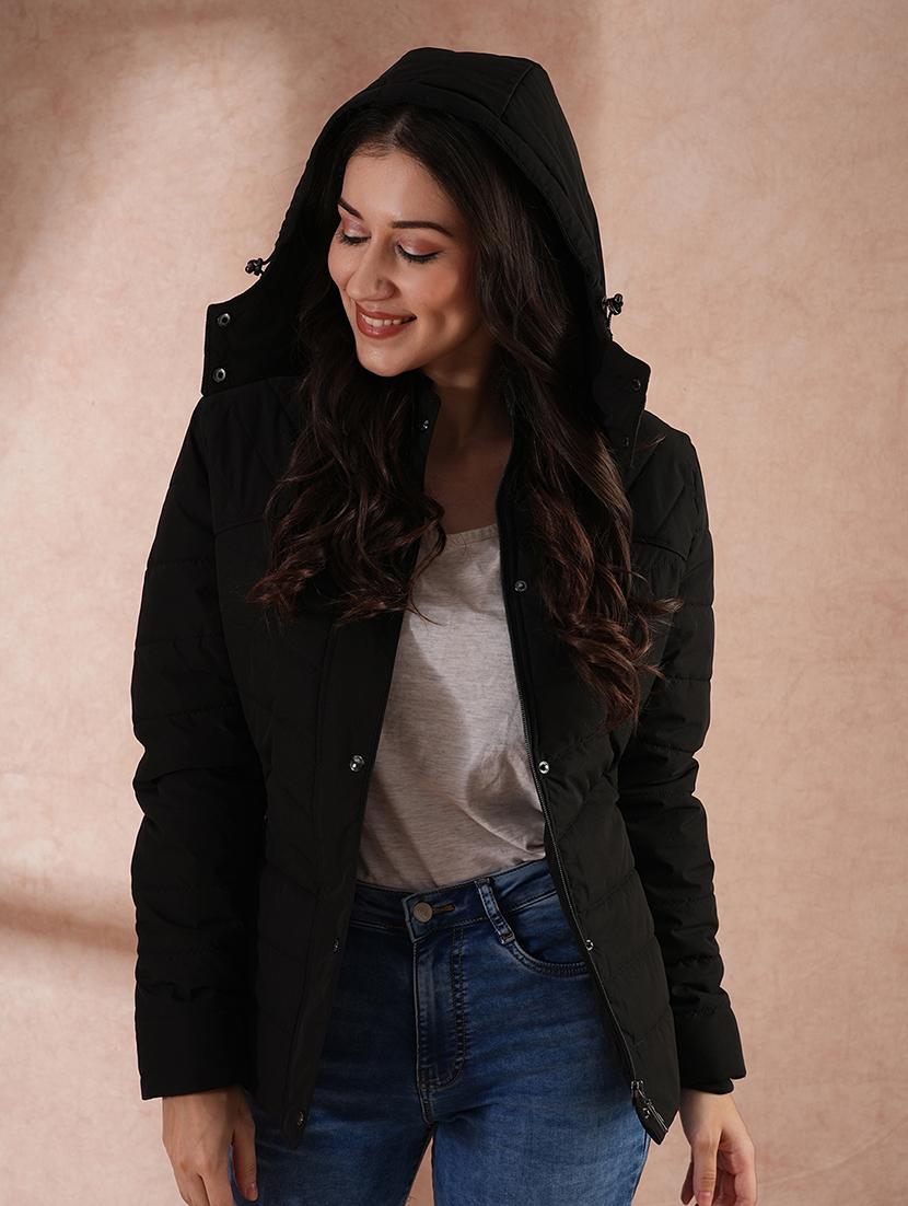 globus women black mock neck button & zip closure winter wear insulator puffer jacket with detachable soft functional hood - 21649560 -  Standard Image - 1