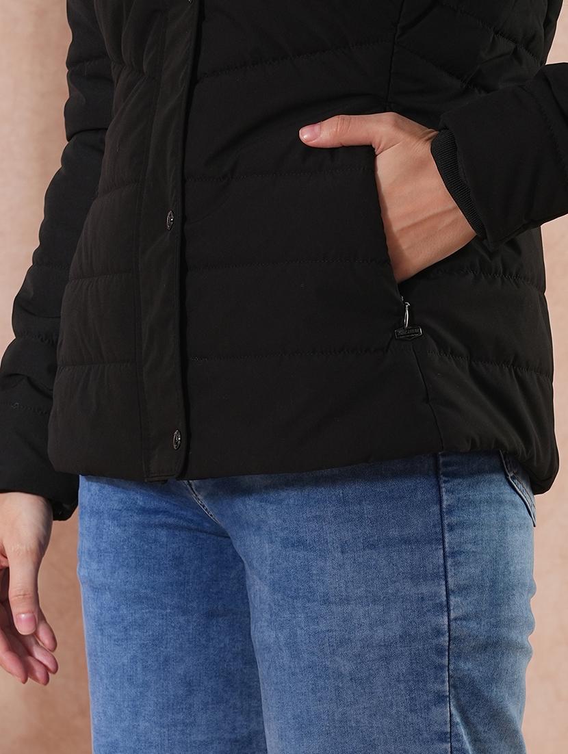 globus women black mock neck button & zip closure winter wear insulator puffer jacket with detachable soft functional hood - 21649560 - Standard Image - 4