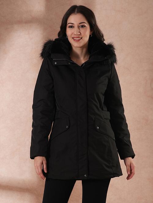 globus women black mock neck 2 flap pocket winter wear insulator puffer jacket with detachable faux fur hood - 21649563 -  Standard Image - 0
