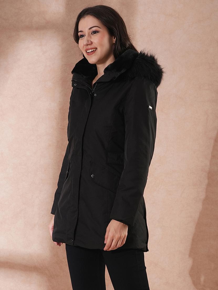 globus women black mock neck 2 flap pocket winter wear insulator puffer jacket with detachable faux fur hood - 21649563 -  Standard Image - 1