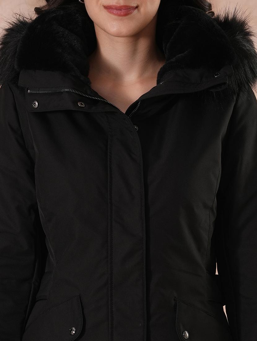 globus women black mock neck 2 flap pocket winter wear insulator puffer jacket with detachable faux fur hood - 21649563 - Standard Image - 4