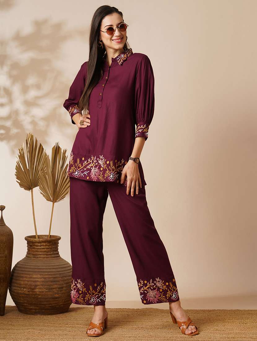 globus women purple floral embroidered shirt collar top & mid-rise ankle length pants fusion co-ord set