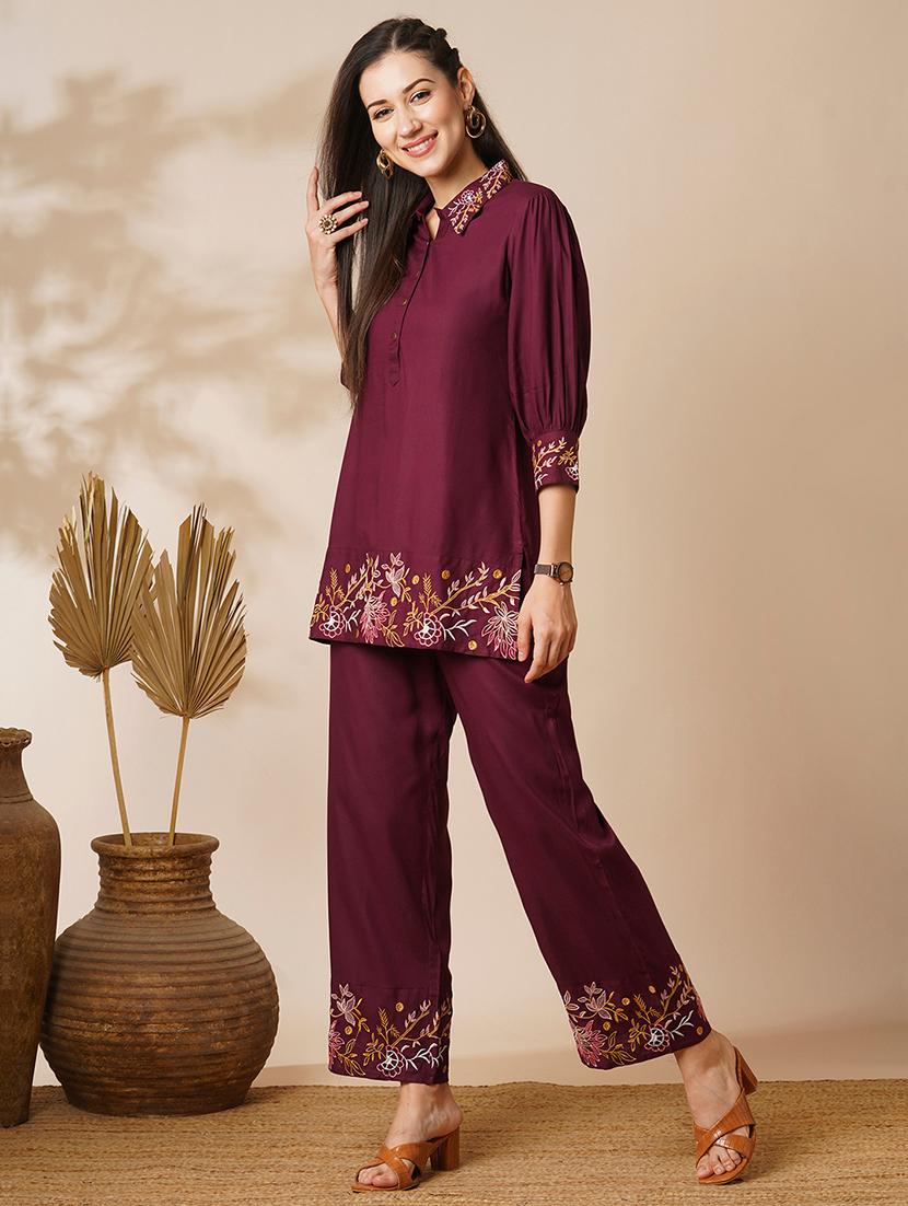globus women purple floral embroidered shirt collar top & mid-rise ankle length pants fusion co-ord set - 21649568 - Standard Image - 1
