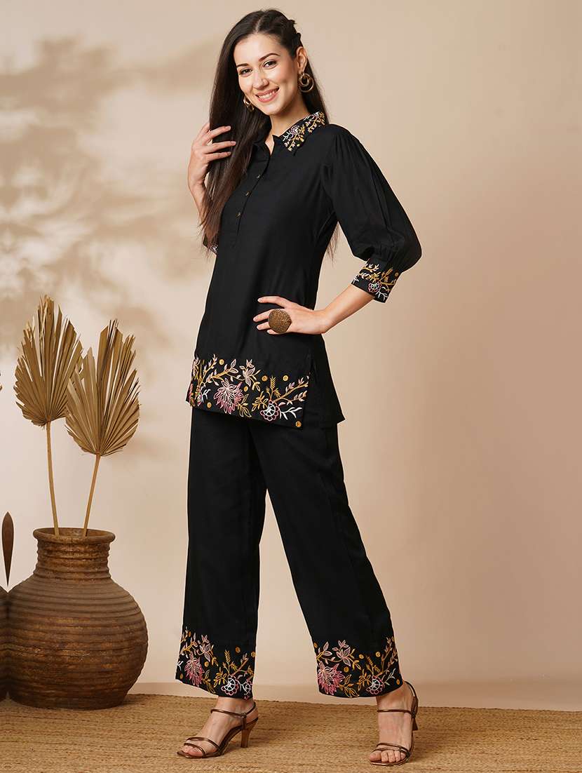 globus women black floral embroidered shirt collar top & ankle length pants fusion co-ord set - 21649569 -  Standard Image - 1
