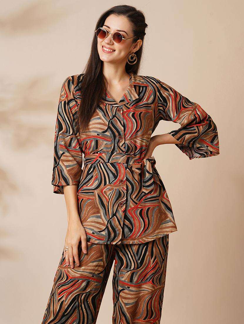 women multi-colour marble gold foil print lapel collar flared sleeves shirt style top & ankle length pants fusion co-ord set - 21649570 -  Standard Image - 1