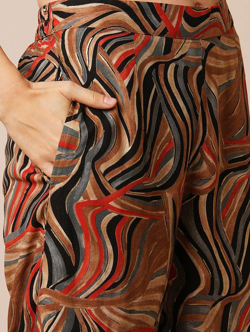 women multi-colour marble gold foil print lapel collar flared sleeves shirt style top & ankle length pants fusion co-ord set - 21649570 -  Standard Image - 4