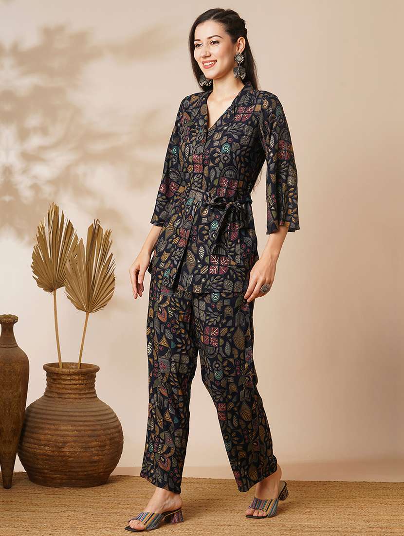 globus women blue abstract gold foil print lapel collar flared sleeves shirt style top & ankle length pants fusion co-ord set - 21649571 -  Standard Image - 1