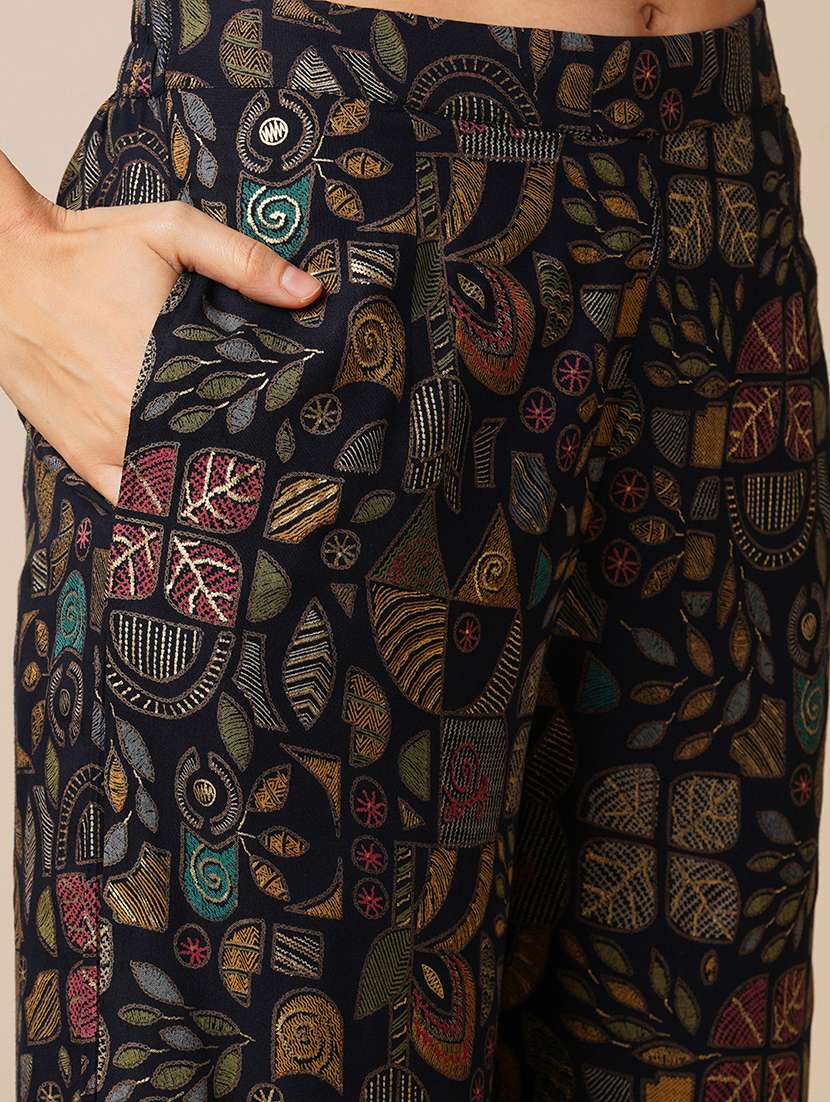 globus women blue abstract gold foil print lapel collar flared sleeves shirt style top & ankle length pants fusion co-ord set - 21649571 -  Standard Image - 4