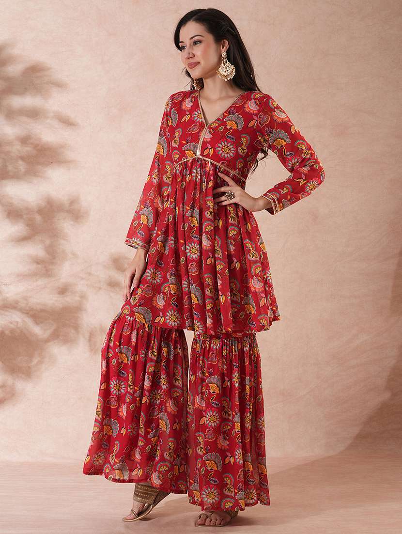 globus women maroon allover floral print v-neck alia cut tunic with partial elasticated gharara co-ord set