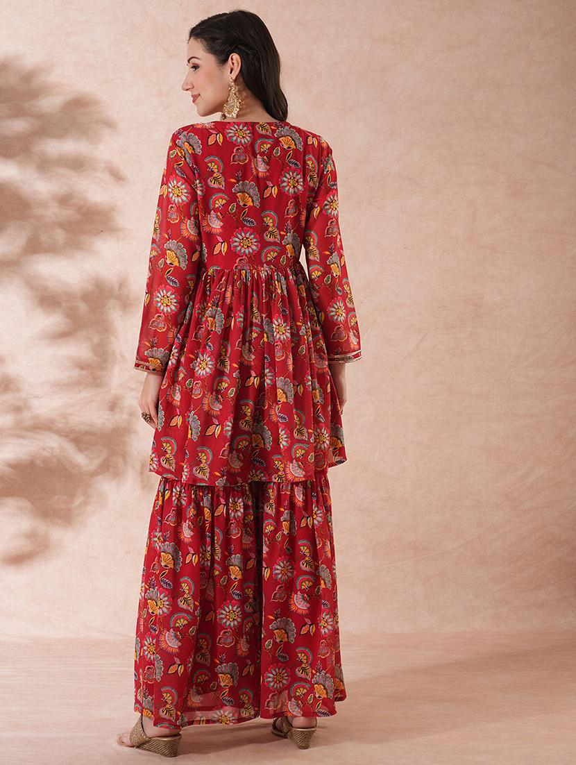 globus women maroon allover floral print v-neck alia cut tunic with partial elasticated gharara co-ord set - 21649572 -  Standard Image - 1
