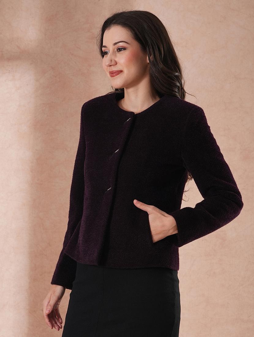 globus women burgundy round neck long sleeves self design 2 pockets tailored fit winter wear overcoat - 21649573 - Standard Image - 1