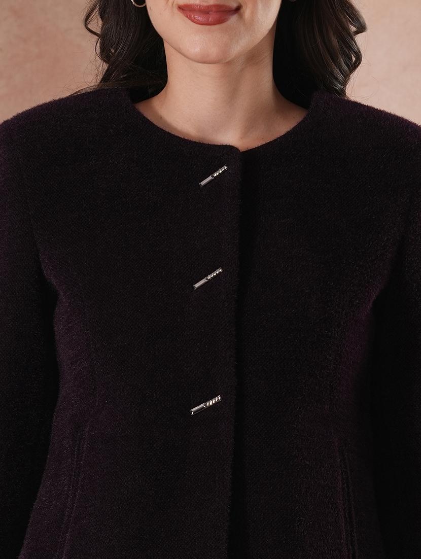 globus women burgundy round neck long sleeves self design 2 pockets tailored fit winter wear overcoat - 21649573 - Standard Image - 4