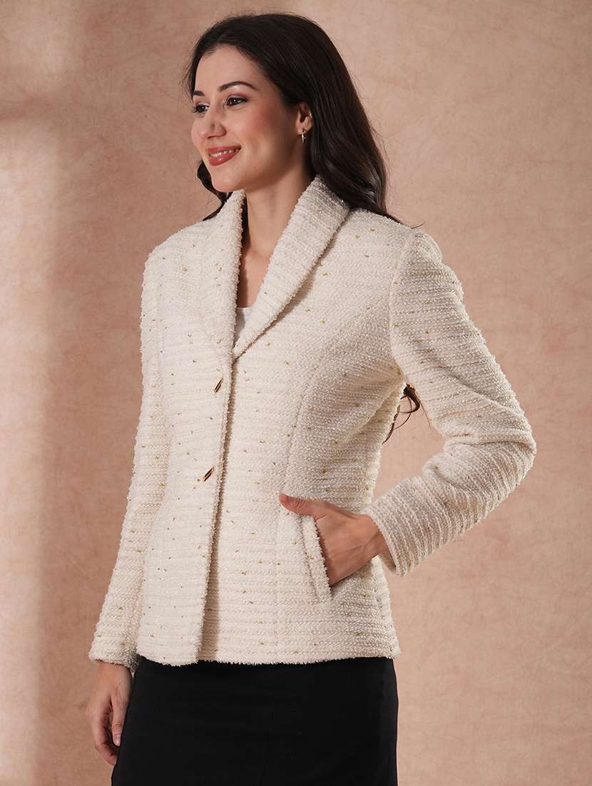 globus women white shawl lapel long sleeves shiny self design 2 pockets tailored fit winter wear overcoat - 21649575 - Standard Image - 1