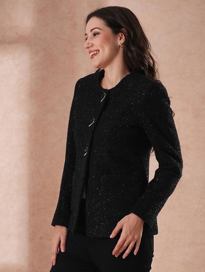 globus women black round neck long sleeves shimmer self design 2 pockets tailored fit winter wear overcoat - 21649578 - Standard Image - 1