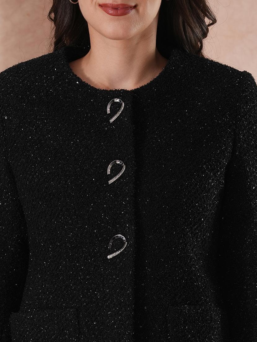 globus women black round neck long sleeves shimmer self design 2 pockets tailored fit winter wear overcoat - 21649578 - Standard Image - 4