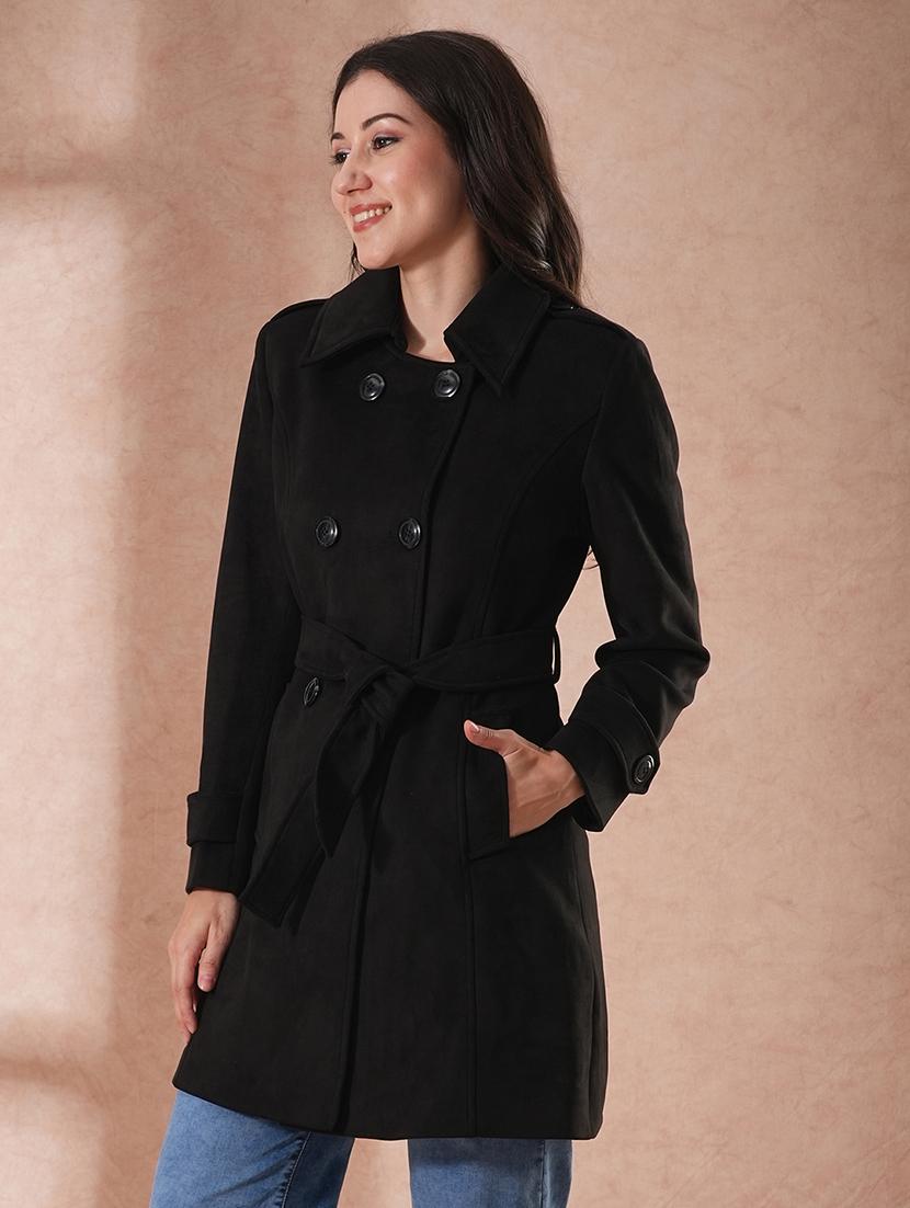 globus women black spread collar long sleeves self design double breasted 2 pockets tailored fit winter wear belted pea coat - 21649582 - Standard Image - 1