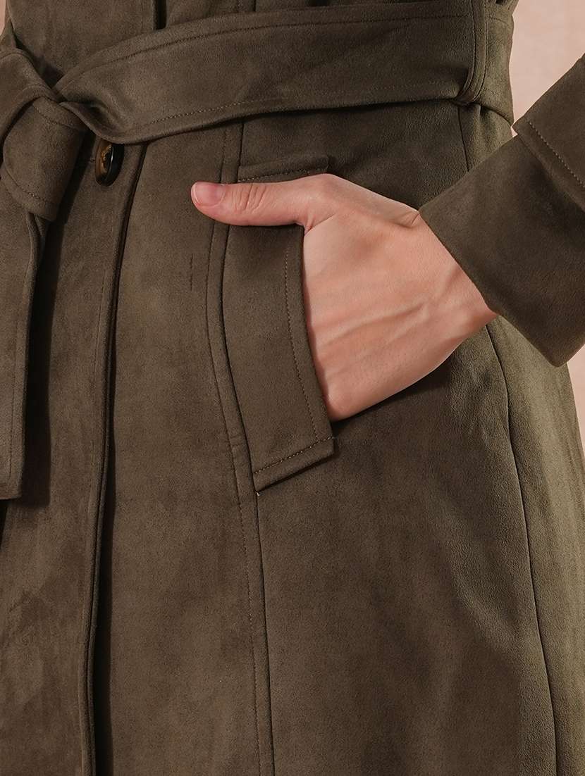 globus women olive spread collar long sleeves self design double breasted 2 pockets tailored fit winter wear belted pea coat - 21649583 -  Standard Image - 4