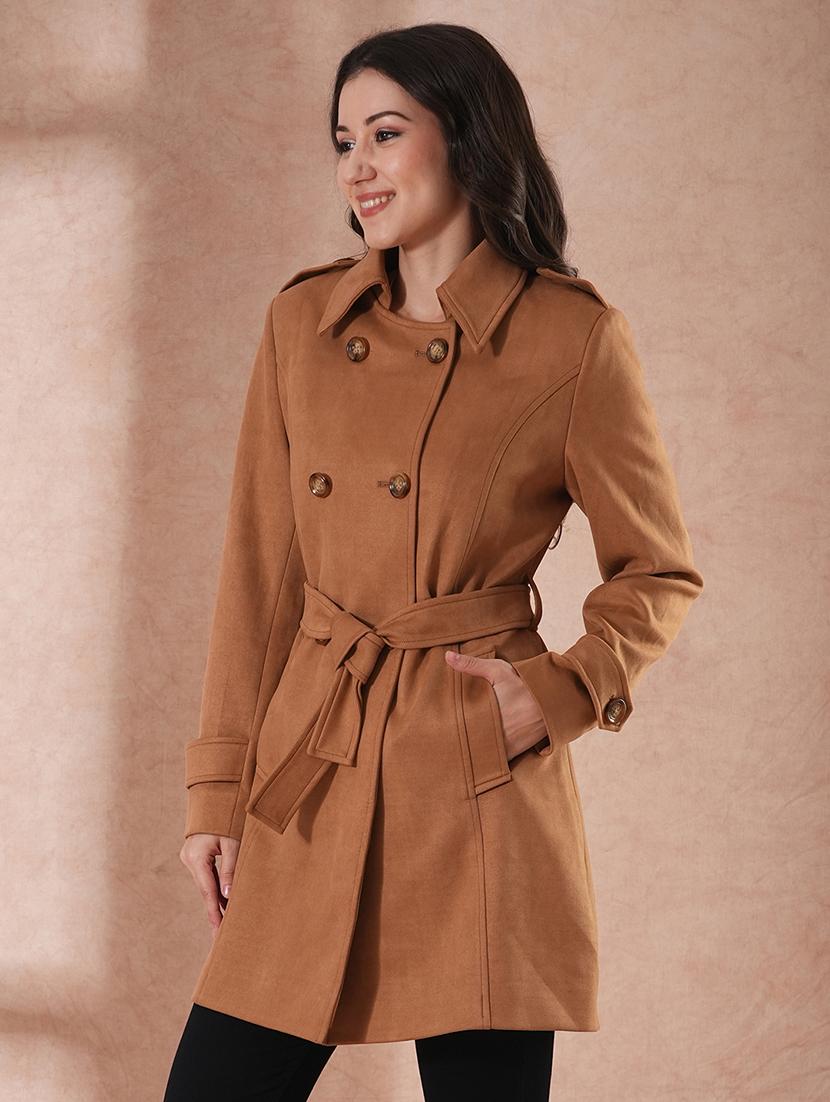 globus women beige spread collar long sleeves self design double breasted 2 pockets tailored fit winter wear belted pea coat - 21649584 - Standard Image - 1